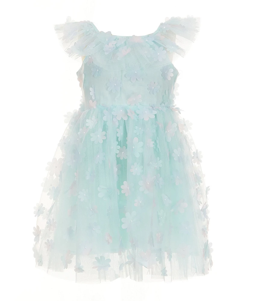 Popatu Little Girls Flutter-Sleeve 3D Floral-Appliqued-Overlay Fit-And-Flare Dress