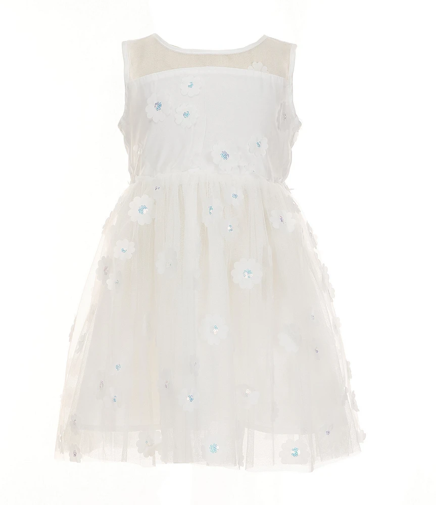 Popatu Little Girls Sleeveless Floral-Appliqued Mesh-Overlay Fit-And-Flare Dress