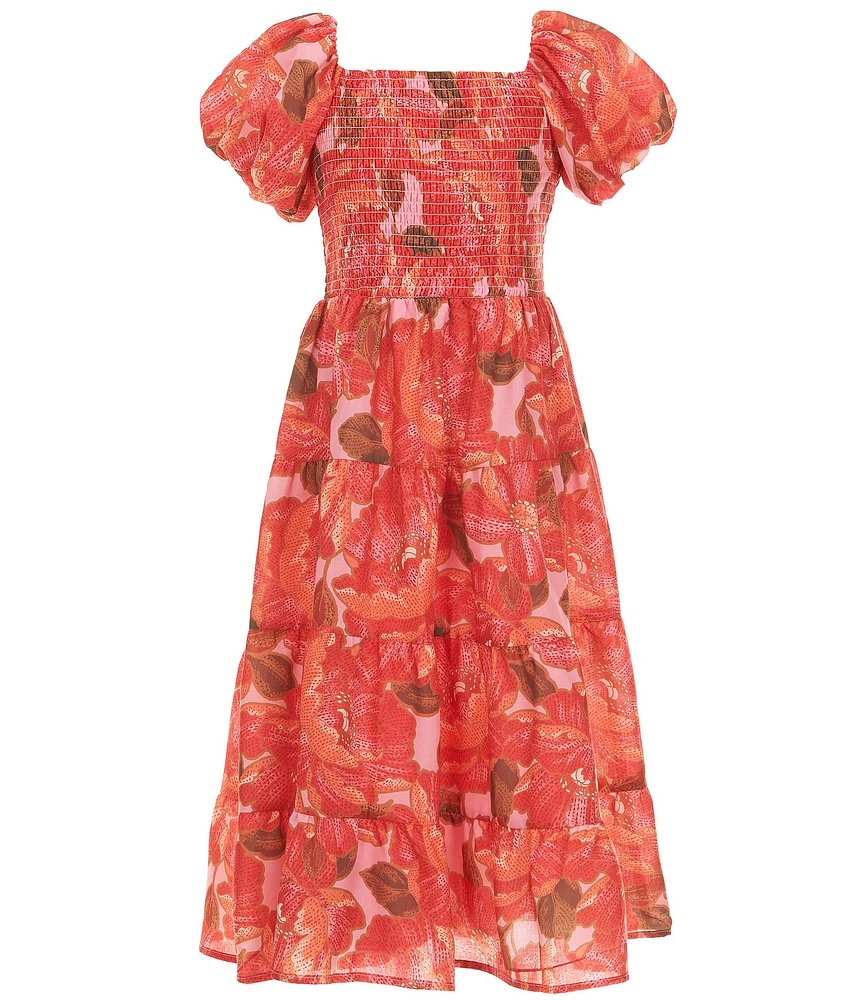 Poppies and Roses Big Girls Bubble-Sleeve Floral Printed Midi Dress