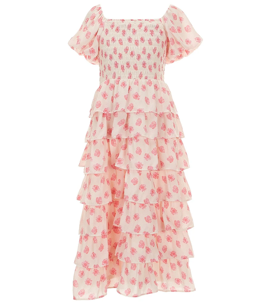 Poppies and Roses Big Girls Doll Puff Short Sleeve Smocked Bodice Tiered Ruffle Maxi Dress