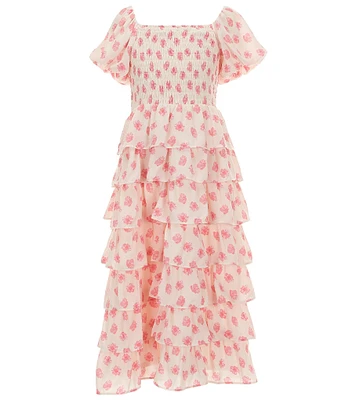 Poppies and Roses Big Girls Doll Puff Short Sleeve Smocked Bodice Tiered Ruffle Maxi Dress