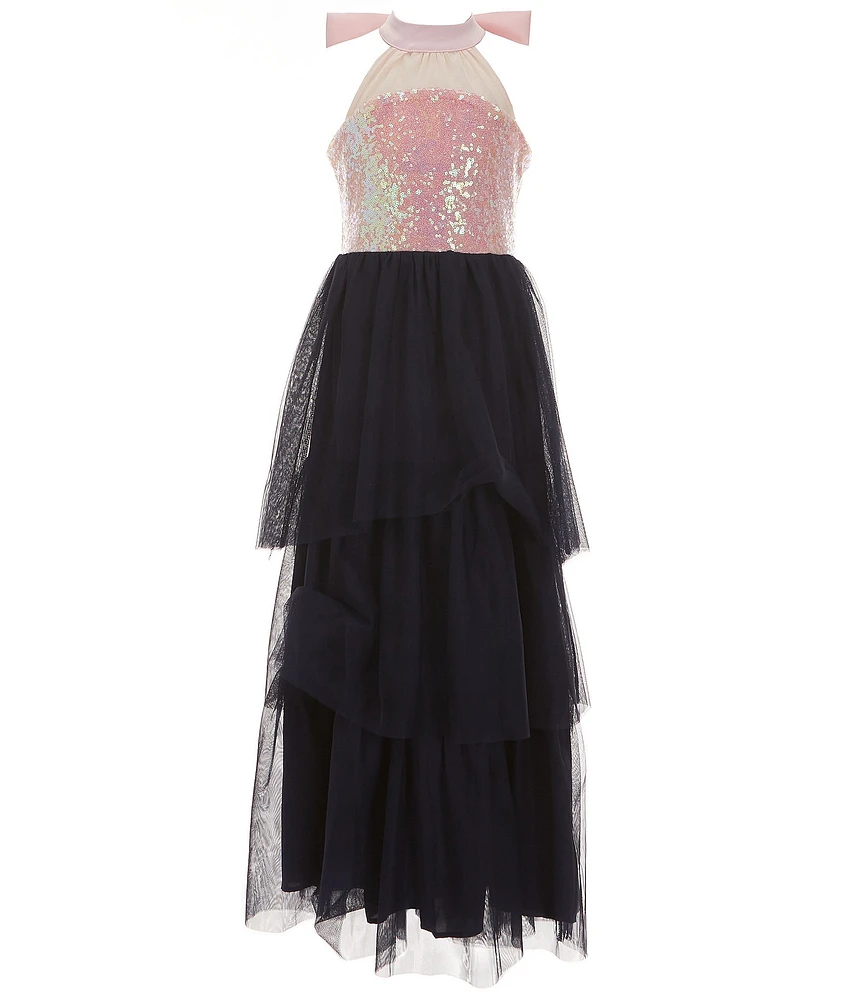 Poppies and Roses Big Girls Halter-Neck Sequin-Embellished Bodice/Sheer-Overlay-Skirted Ballgown