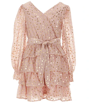 Poppies and Roses Big Girls Long Sleeve Heart-Printed Tiered Fit & Flare Dress
