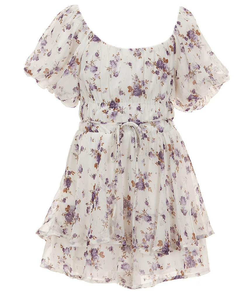 Poppies and Roses Big Girls Puff Short Sleeve Floral Print Romper Dress