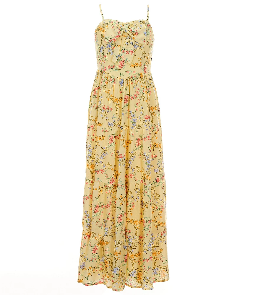 Poppies and Roses Big Girls Sleeveless Spaghetti Strap Printed Bow Front Maxi Dress