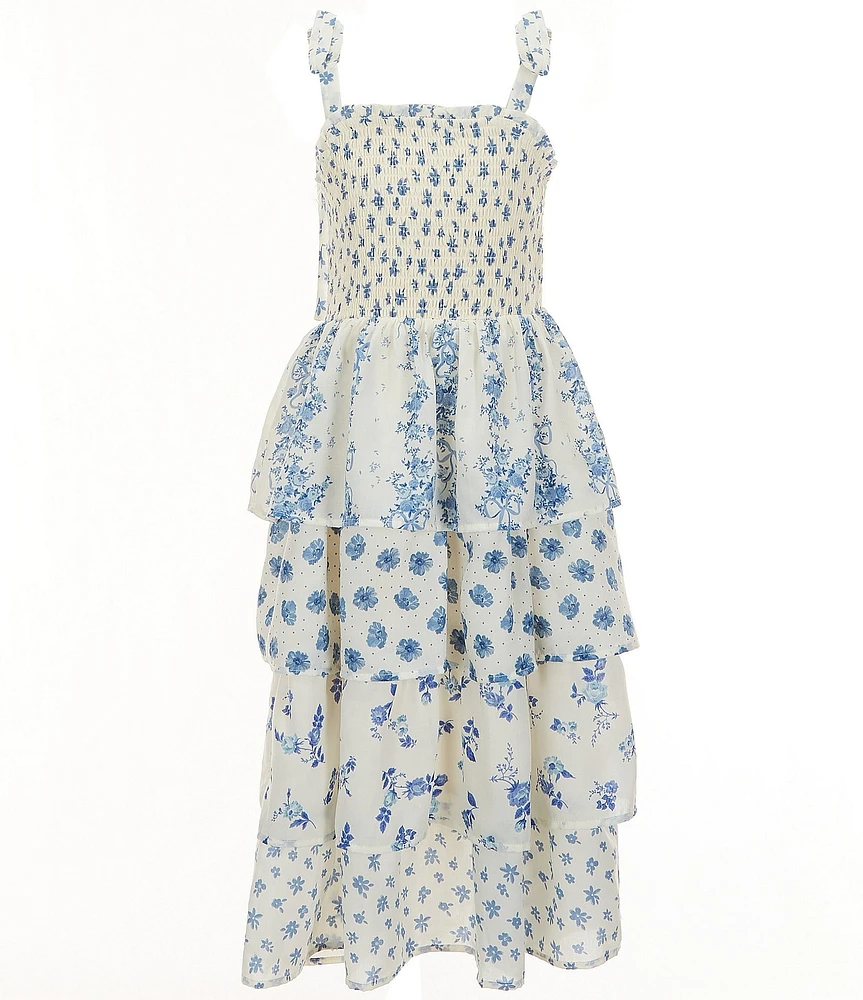 Poppies and Roses Big Girls Sleeveless Spaghetti Tie Strap Printed Tiered Dress