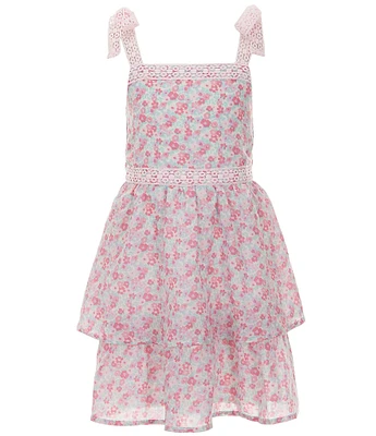 Poppies and Roses Big Girls Sleeveless Tie Strap Double Tiered Floral Dress