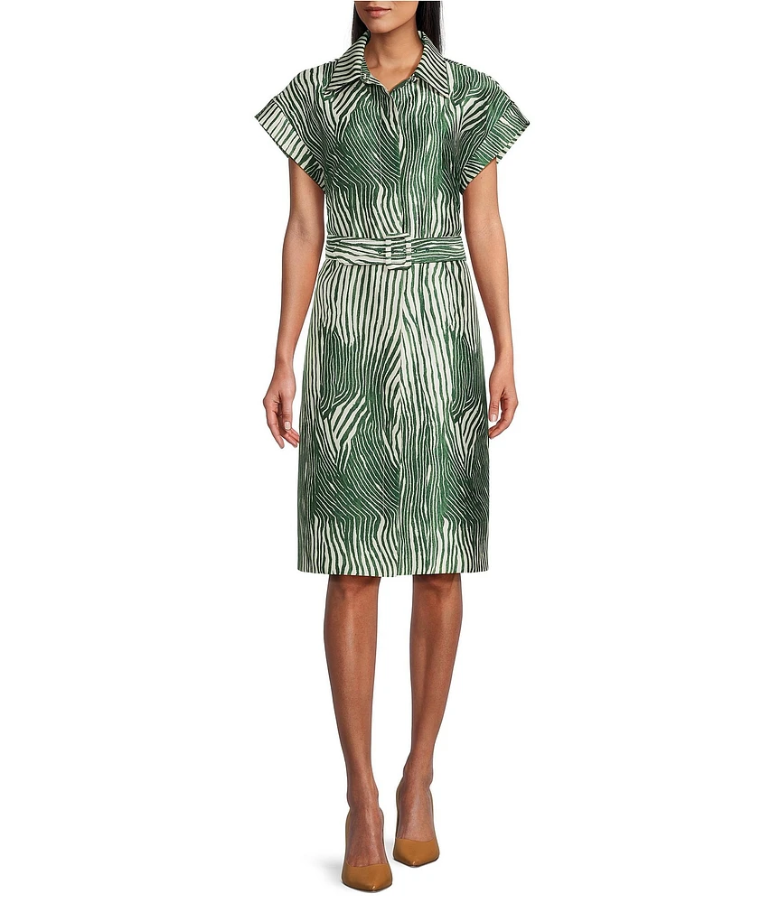 Preston & York Mae Mikado Sheath Button Front Belted Short Sleeve Zebra Print Dress
