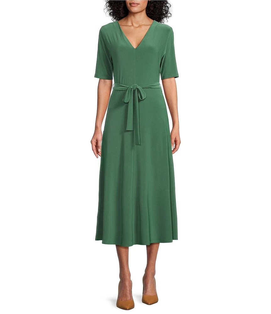 Preston & York Sydney V-Neck Short Sleeve Tie Waist Midi Dress
