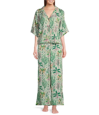 Short Sleeve Notch Collar Camel's Courtyard Woven Sateen Thermoregulating Long Pajama Set