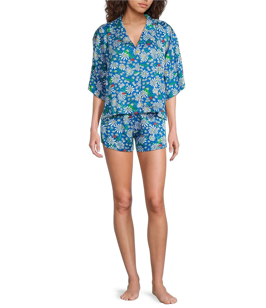 Short Sleeve Notch Collar Lucky Daisy Woven Sateen Thermoregulating Shorty Pajama Set