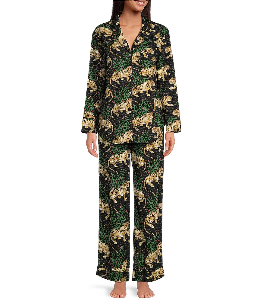Printfresh Woven Organic Cotton Poplin Bagheera Leopard Print Long Sleeve Notch Collar Pajama Set