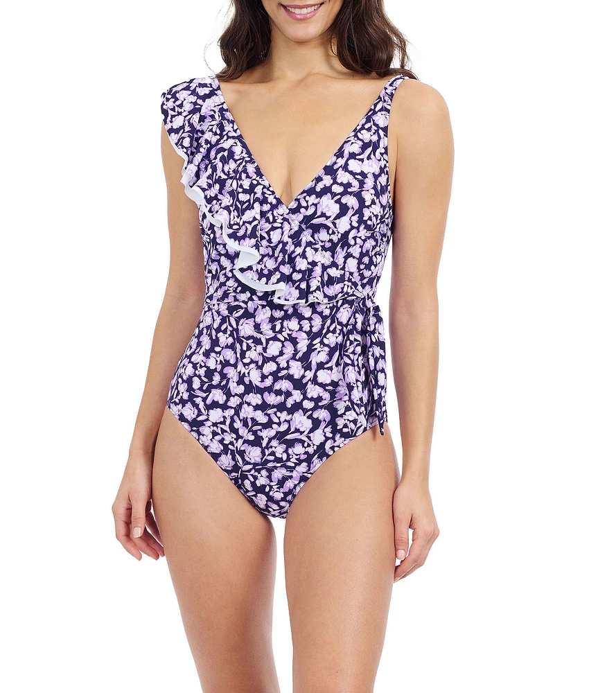 Profile By Gottex Ba Juliette V-Neck Asymmetrical Ruffle Trim Tummy Control One Piece Swimsuit