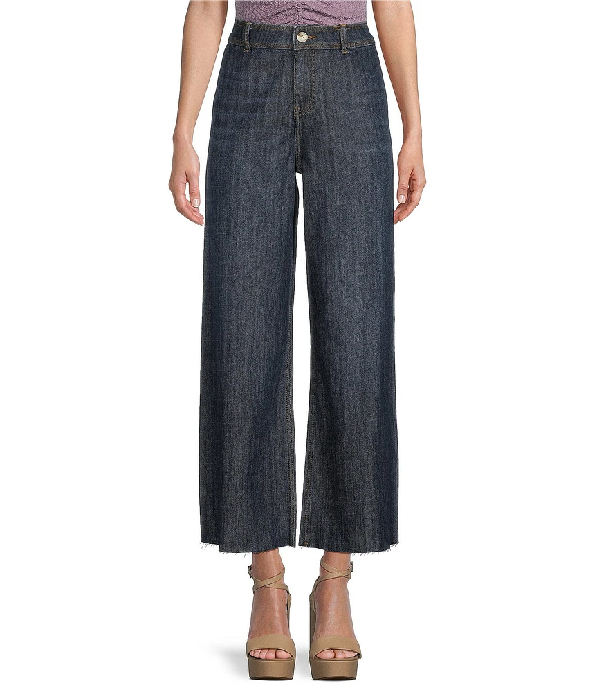Prosperity Denim Dark High Rise Wide Leg Raw Hem Trouser Jeans