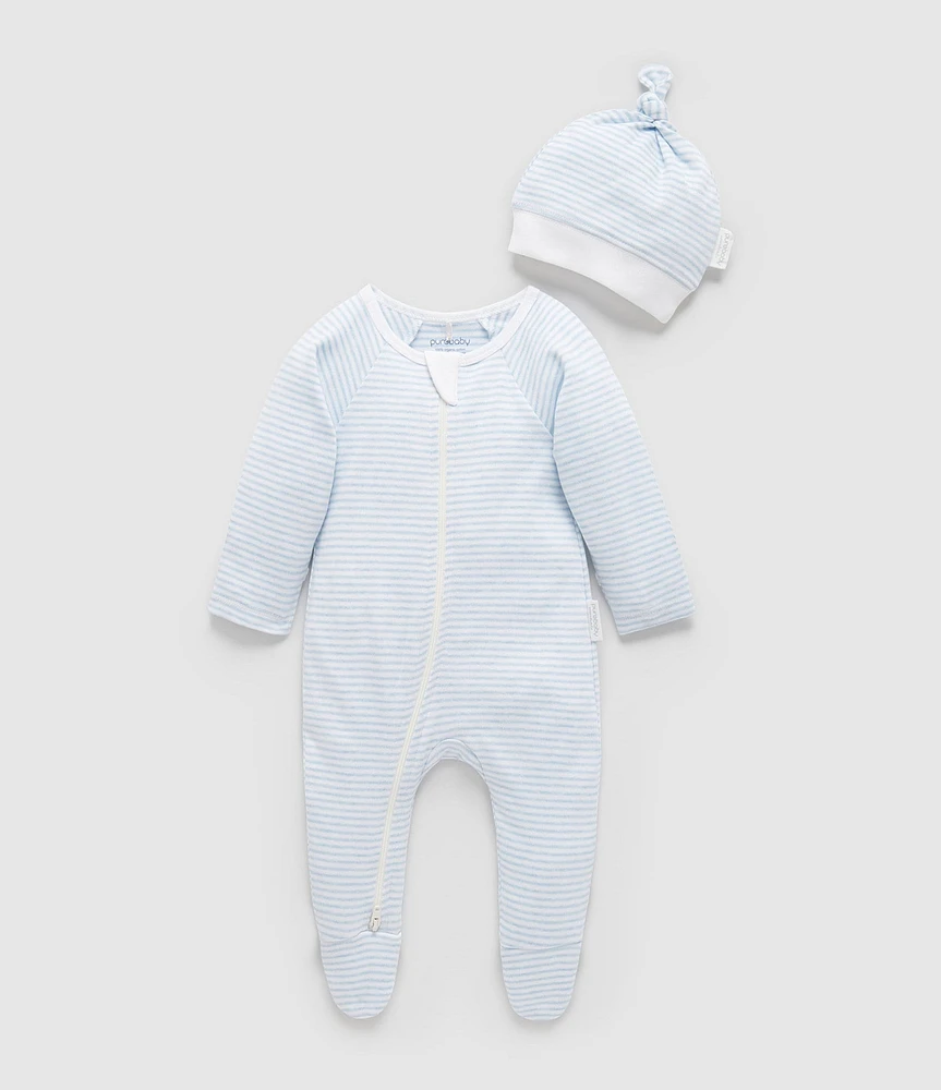 Purebaby Baby Boys Organic Cotton Stripe Zip Footie & Knot Hat Set