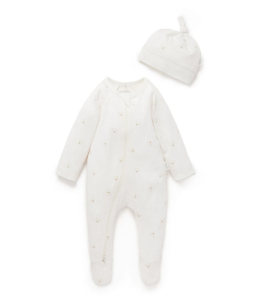 Purebaby Baby Boys Organic Cotton Bear Printed Zip Footie & Knot Hat Set
