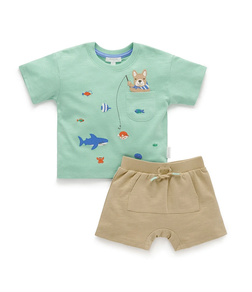 Purebaby Baby Boys Organic Cotton Short Sleeve Catching A Shark T-Shirt & Solid Shorts Set