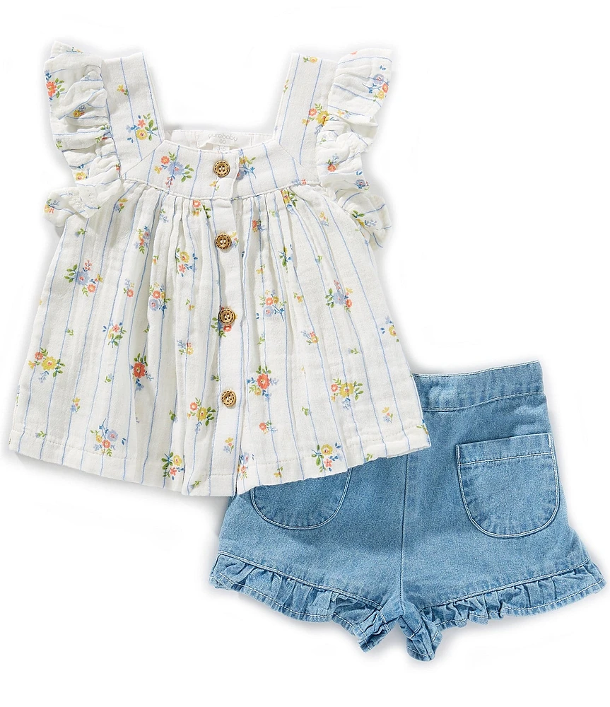 Purebaby Baby Girls Organic Cotton Floral Ruffle Top & Shorts Set