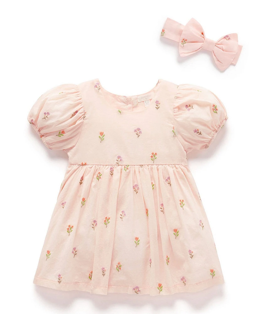 Purebaby Baby Girls Organic Cotton Balloon Short Sleeve Embroidered Dress/Bodysuit With Headband