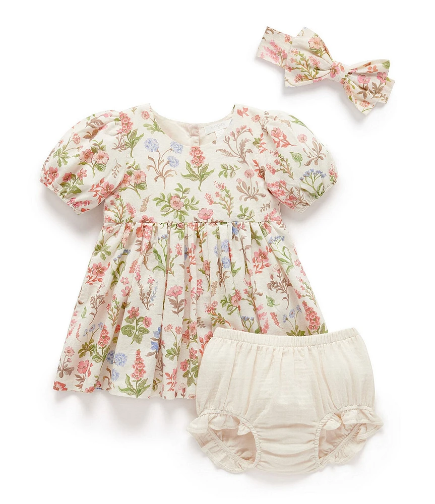 Purebaby Baby Girls Organic Cotton Flower Linen Blend Dress & Bloomer & Headband Set