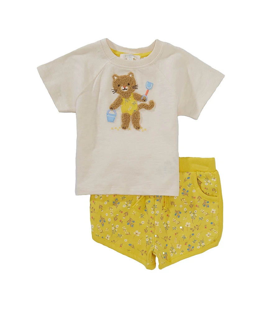 Purebaby Baby Girls Organic Cotton Fluffy Cat T-Shirt & Floral Short Sunshine Set
