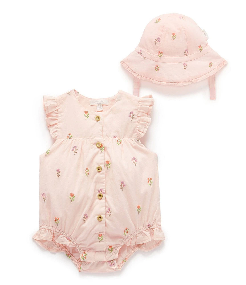 Purebaby Baby Girls Organic Cotton Ruffle Short Sleeve Embroidered Bodysuit & Hat Set