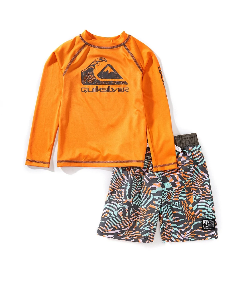 Quiksilver Little Boys Raglan-Sleeve Logo/Icon Rashguard T-Shirt & Printed Board Shorts Set