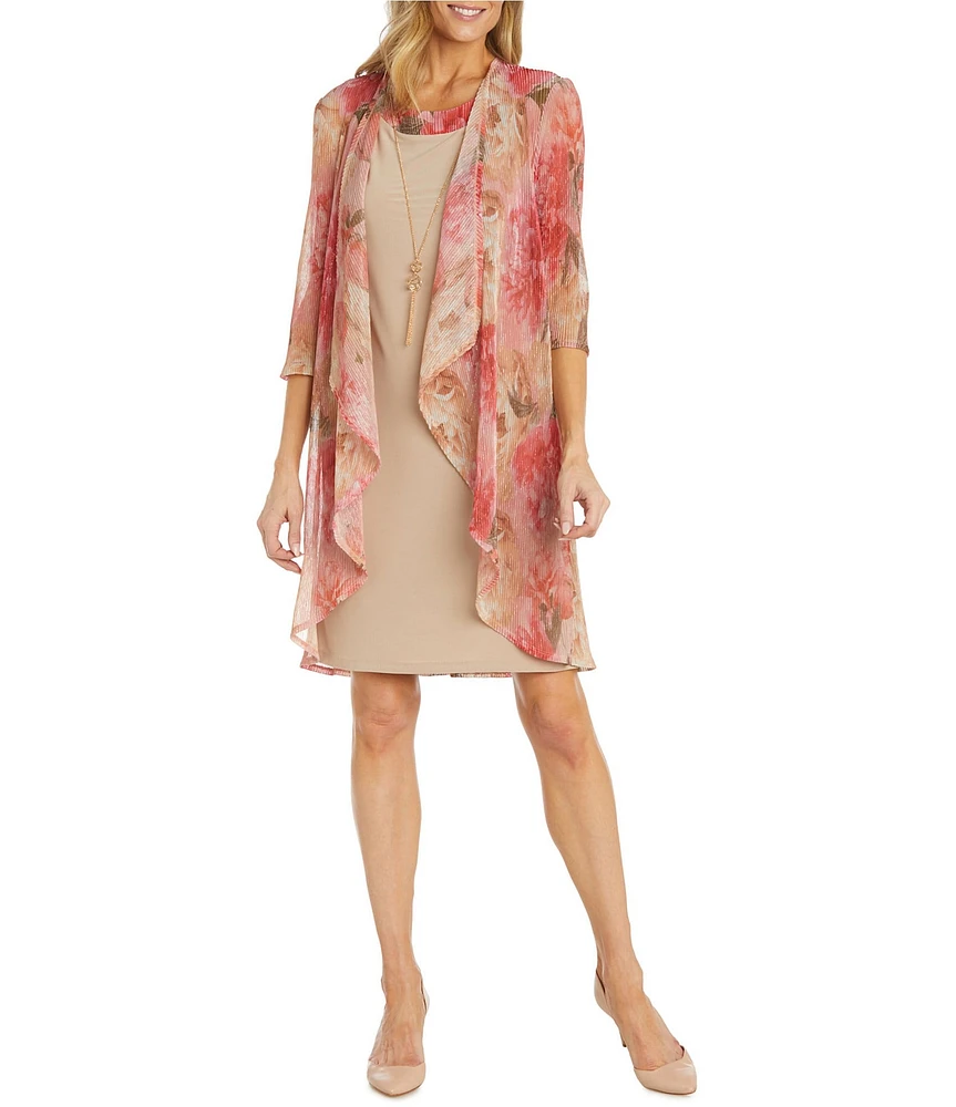 R & M Richards Metallic Mesh 3/4 Sleeve Crew Neck Printed 2-Piece Jacket Dress