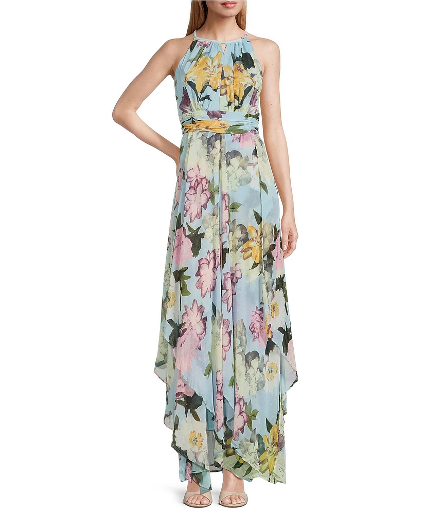 R & M Richards Keyhole Neck Floral Print Sleeveless A-Line Maxi Dress