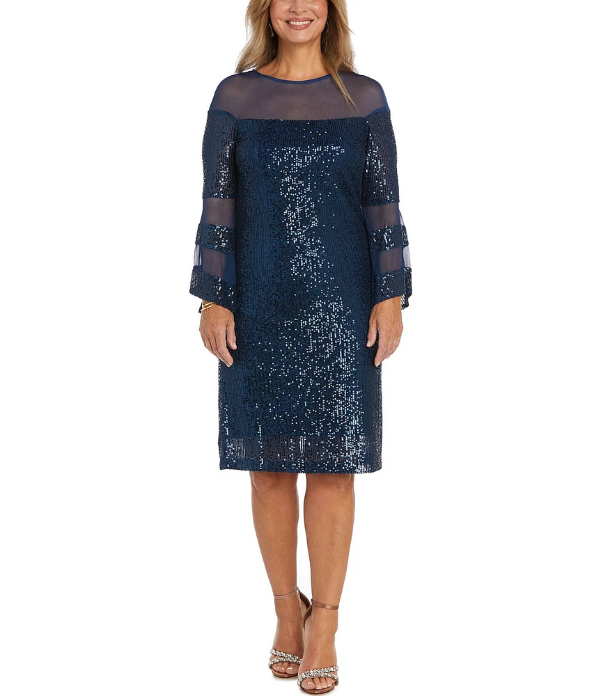 R & M Richards Long Sleeve Illusion Crew Neck Sequin Shift Dress