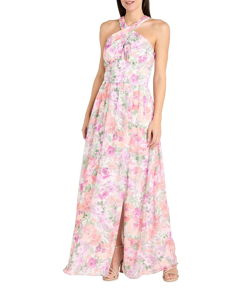 R & M Richards Petite Size Halter Neck Floral Print Chiffon Maxi Dress