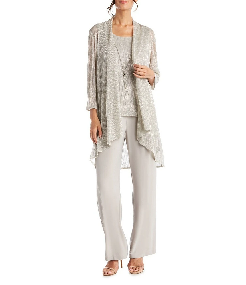 R & M Richards Petite Size Pleated Metallic Scoop Neck 3/4 Sleeve 2-Piece Pant Set