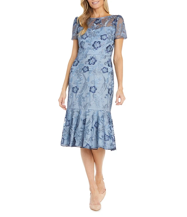 embroidered flounce dress Beige Floral Embroidered Flounce Dress With Sheer Short Sleeves