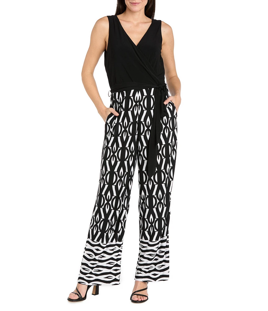 R & M Richards Petite Size Sleeveless V-Neck Printed Wrap Jumpsuit
