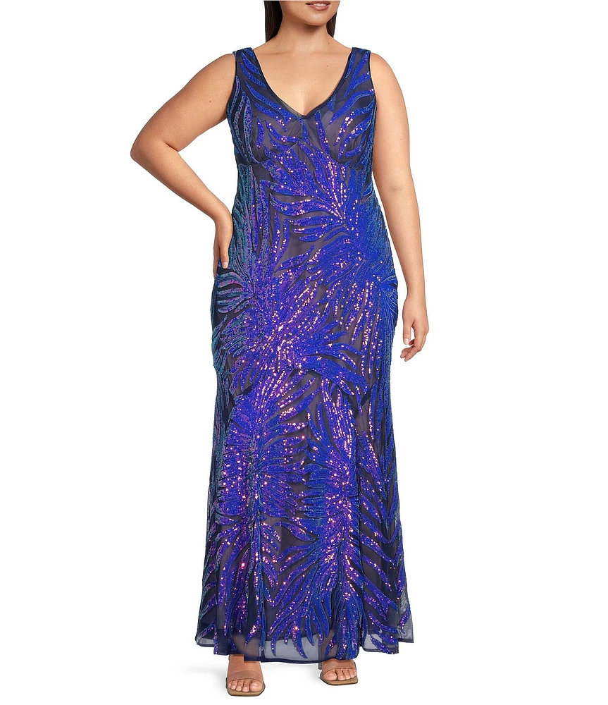 R & M Richards Plus Size 2 Tone Rainbow Sequin Sheath Dress