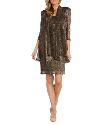 R & M Richards Scoop Neck 3/4 Sleeve Drape Front Metallic 2-Piece Jacket Dress