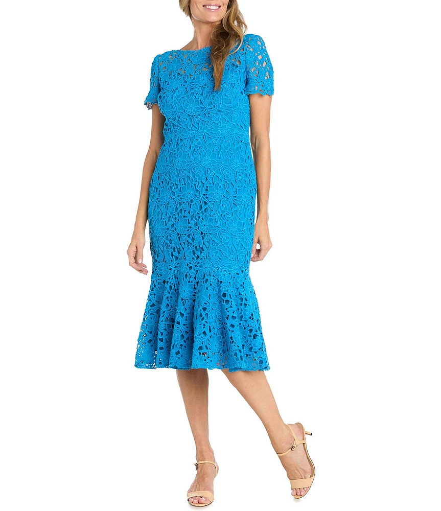 R & M Richards Short Sleeve Crew Neck Fit and Flare Lace Midi Dress