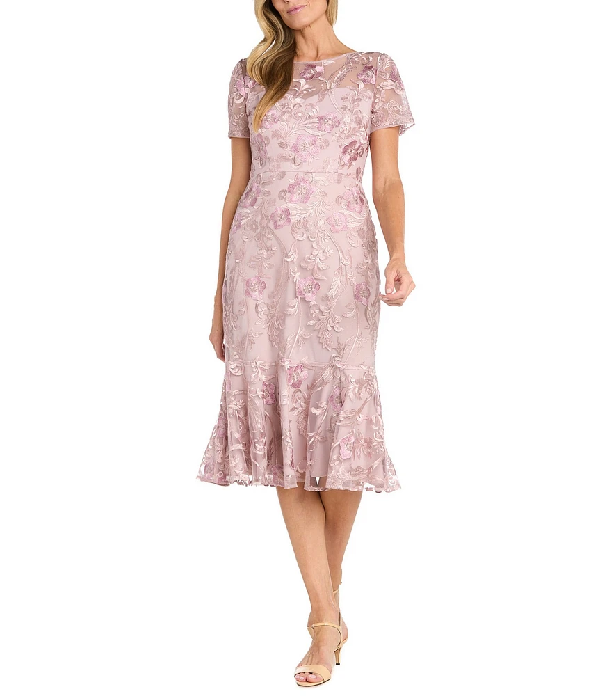 R & M Richards Short Sleeve Illusion Crew Neck Floral Embroidered Flounce Hem Sheath Dress
