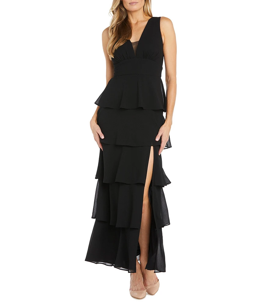 R & M Richards Sleeveless V-Neck Tiered Skirt Front Slit Dress