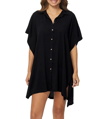 Raisins Solid Vacay Point Collar Button Front Shirt Swim Cover-Up