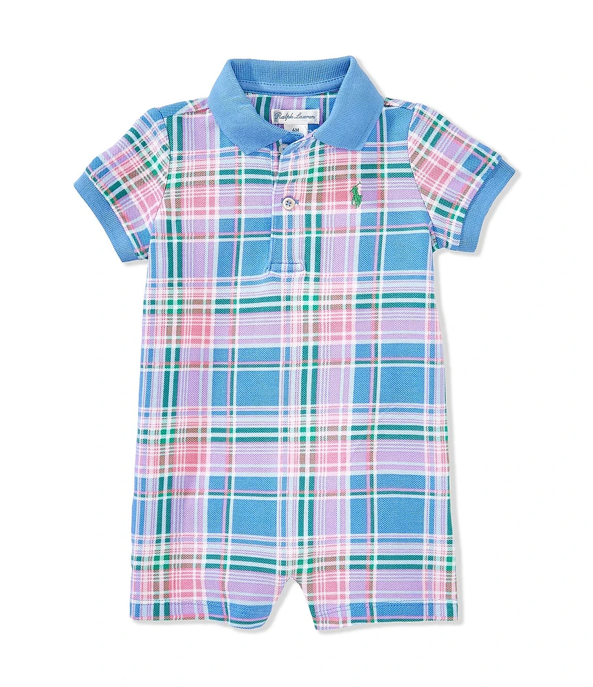 Ralph Lauren Baby Boys Short-Sleeve Plaid-Printed Mesh Shortall