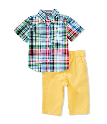 Ralph Lauren Baby Boys Short-Sleeve Plaid Poplin Shirt & Solid Chino Pant Set