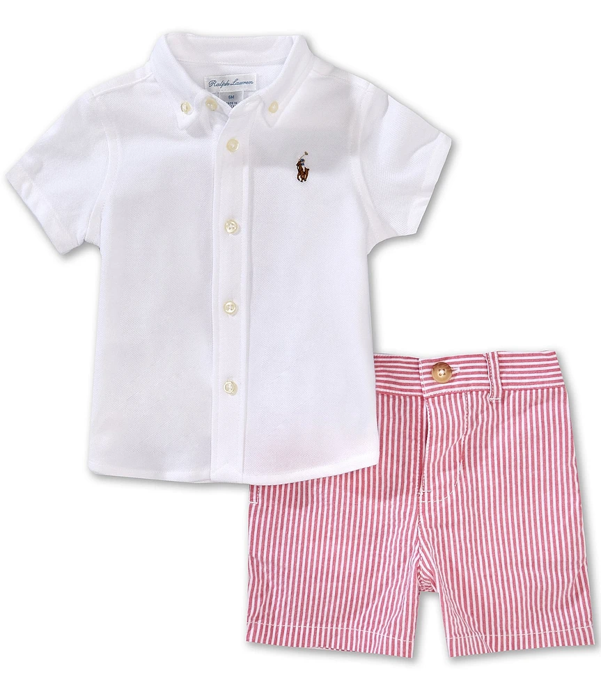 Ralph Lauren Baby Boys Short Sleeve Solid Woven Shirt & Striped Seersucker Shorts Set