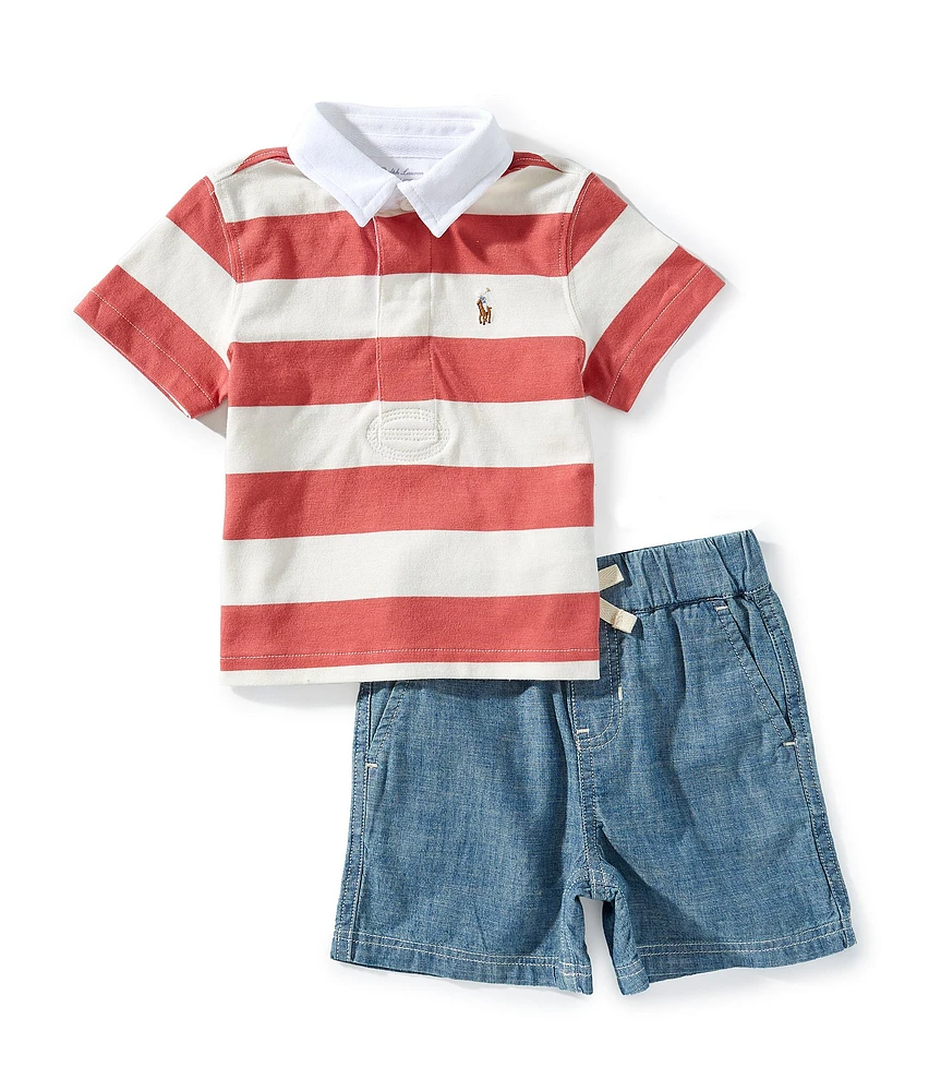 Ralph Lauren Baby Boys Short Sleeve Striped Rugby Shirt & Chambray Shorts Set