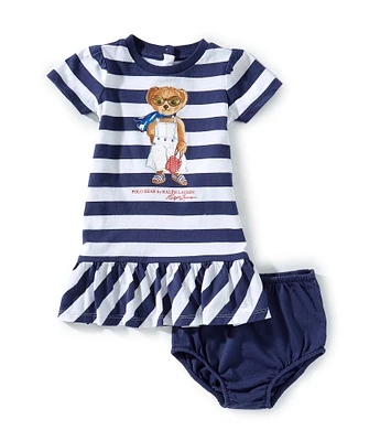Ralph Lauren Baby Girls Short-Sleeve Striped/Polo Bear Drop-Waist Dress