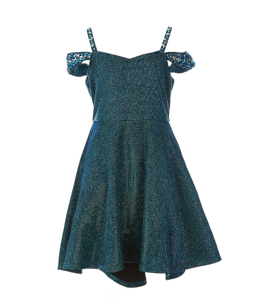 Rare Editions Big Girls Rhinestone Off-The-Shoulder Iridescent Glitter Lurex Hi-Low Dress