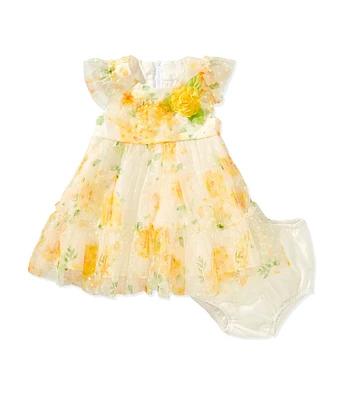 Rare Editions Baby Girls Flutter-Sleeve Floral/Clip-Dot Mesh Fit-And-Flare Dress