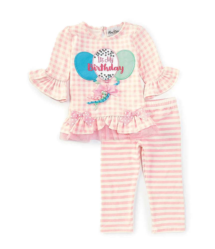 Rare Editions Baby Girls Long-Sleeve It's My Birthday Checked Tunic Top & Striped Leggings Set