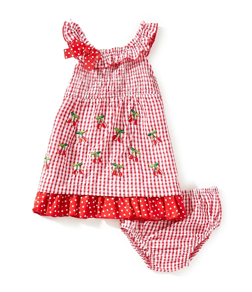 Rare Editions Baby Girls Sleeveless Checked/Cherry-Embroidered Seersucker Fit-And Flare Dress