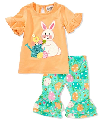 Rare Editions Baby Girls Bell-Sleeve Easter Bunny Applique Top & Easter Egg Printed Leggings Set